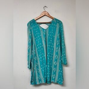 Altar’d State Teal Geometric Patterned Embroidered Tunic Dress, L